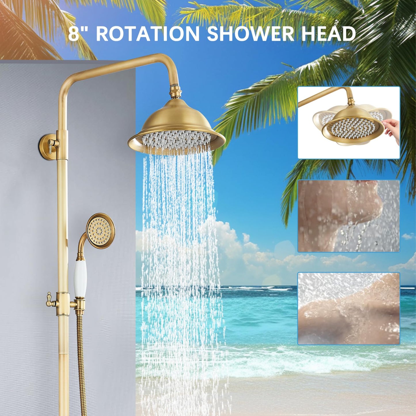 MOSSON Antique Brass Shower System Bathroom Shower Faucet Set with 8 Inch Shower Head Handheld Spray and 360 ° Rotation Tub Spout 2 Cross Handles Outdoor Shower Fixtures
