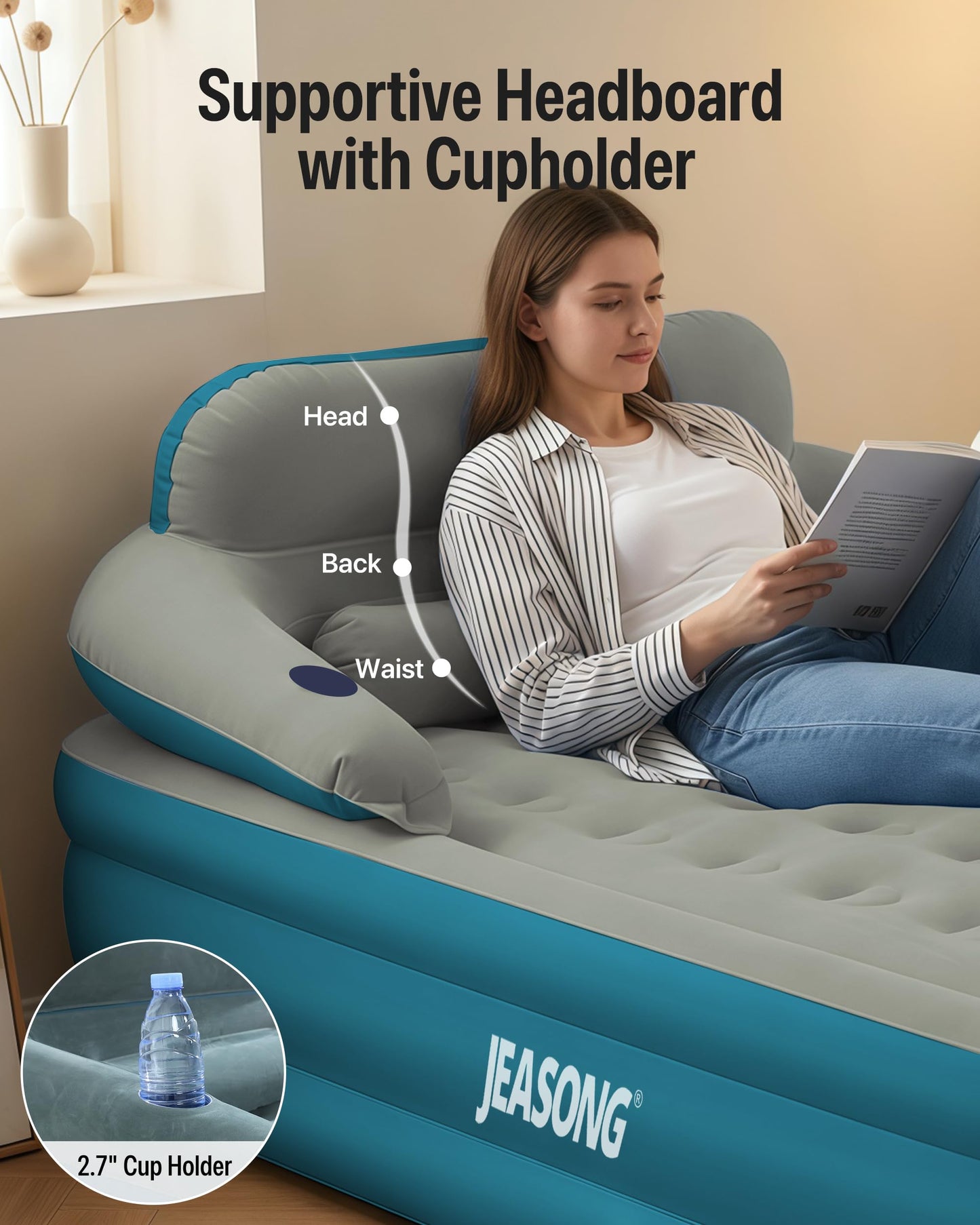 JEASONG Queen Air Mattress with Built-in Rechargeable Battery Pump & Headboard, 20 Inch Elevated Airbed Blow Up Mattress, 700 lbs Inflatable Mattress, Portable Air Bed Blow Up Bed for Home & Camping