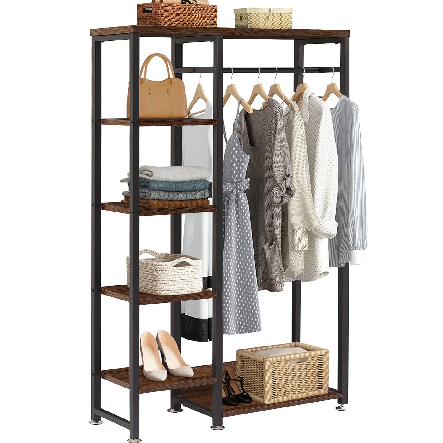 VECELO Open Garment Clothing Rack, Free-Standing Heavy Duty Storage Closet with 5 Shelves and Hanging Rod for Small Spaces, Max Load 350LBS, Brown