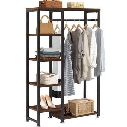 VECELO Open Garment Clothing Rack, Free-Standing Heavy Duty Storage Closet with 5 Shelves and Hanging Rod for Small Spaces, Max Load 350LBS, Brown