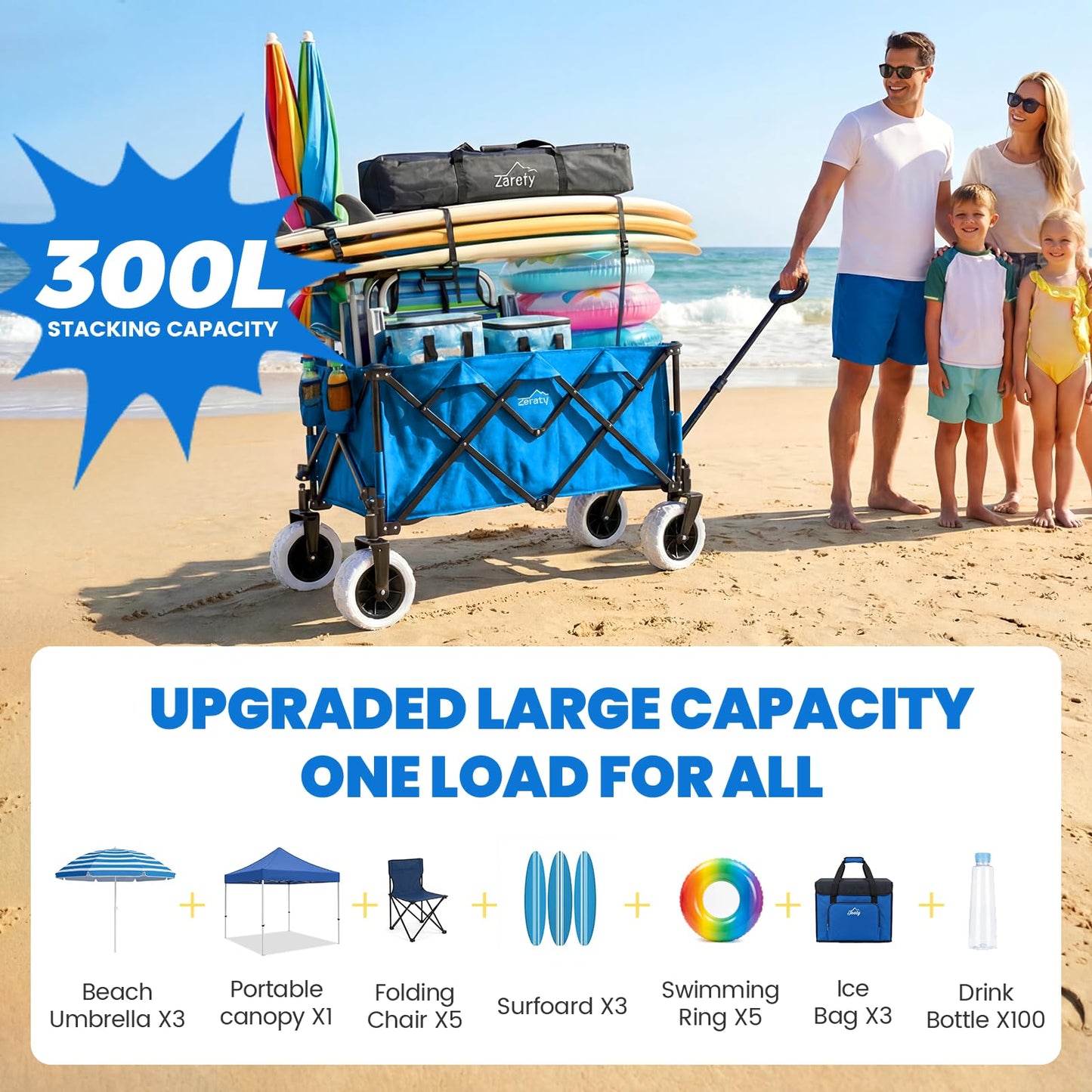 Zeraty Beach Wagon with Big Wheels for Sand, Heavy Duty All Terrain Wagons Carts Foldable with Solid 9" Tires, 300L Oversized Capacity & 330 LBS Load, Beach Cart for Outdoor & Camping, Blue
