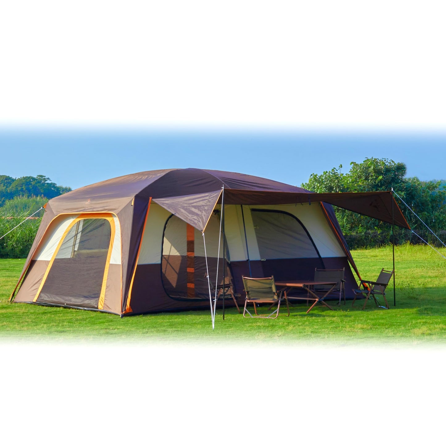 KTT Extra Large Tent 12-14 Person,Family Cabin Tents,2 Rooms,Straight Wall,2 Doors 4 Windows with Mesh,Waterproof,Straight Wall,Big Tent for Outdoor,Picnic,Camping,Gathering(Brown)