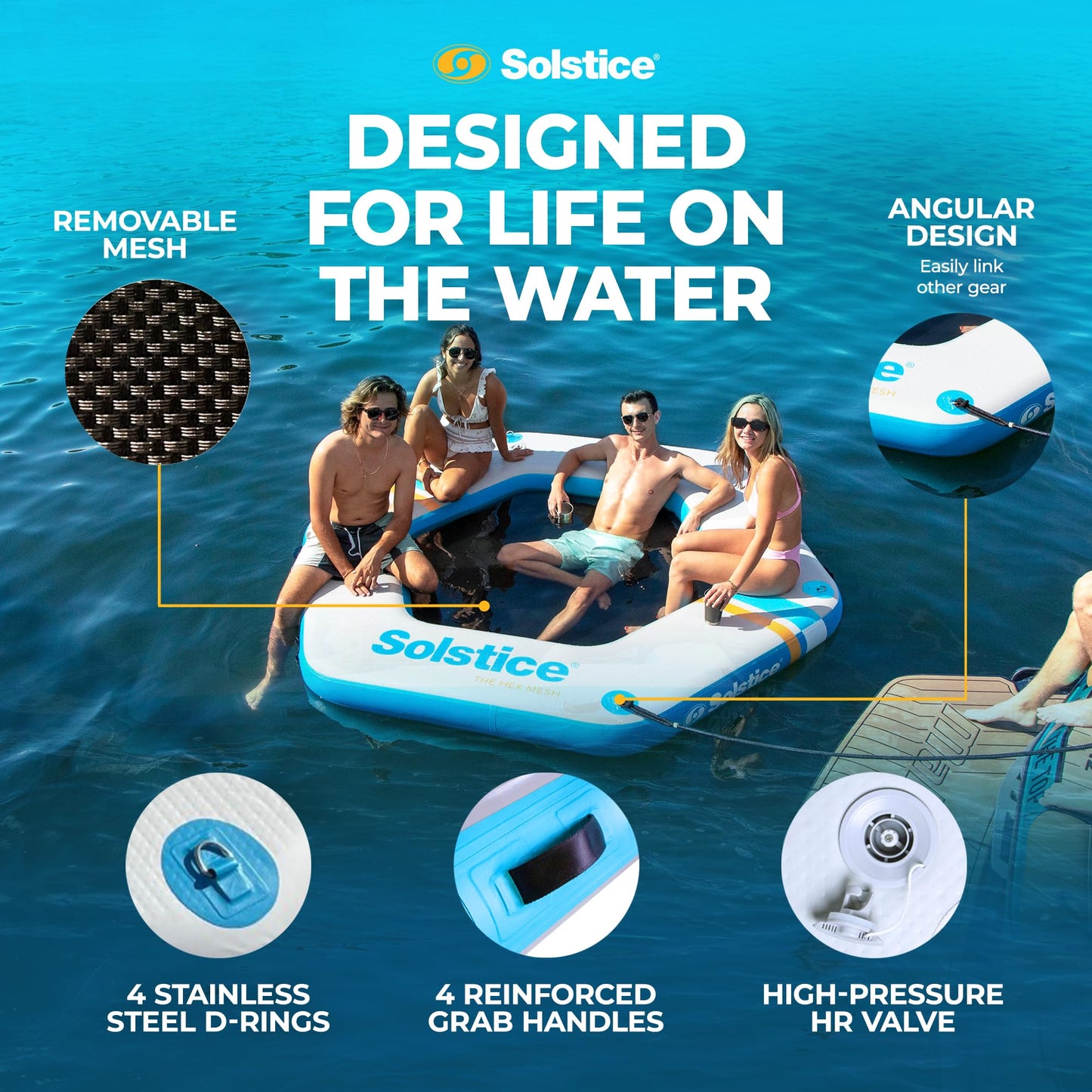 Solstice 6-Person Hex Mesh Inflatable Dock, Floating Water Raft Platform, 8ft 6in - Hexagonal Outdoor Hangout for Lake, River, Swimming Pool & Beach, Includes Carry Bag