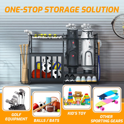 PLKOW Sports Equipment Organizer Rack, Garage Ball Rack, 2 Golf Bag Storage and Sports Gear Organizer for Garage