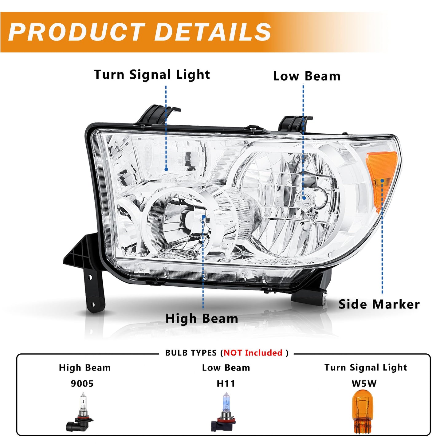 Headlights Assembly compatible with 2007-2013 Toyota Tundra with Level Adjuster, for 2008-2017 Toyota Sequoia Headlamp (12-14 Models Without Headlight Washer)
