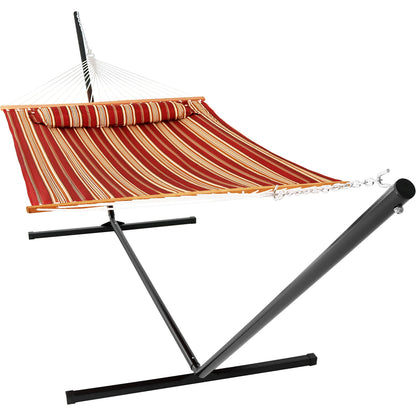 Sunnydaze Quilted Double Hammock with Stand for Outside - 400-Pound Capacity 2-Person Hammock with Stand - 15-Foot Stand - Red Stripe