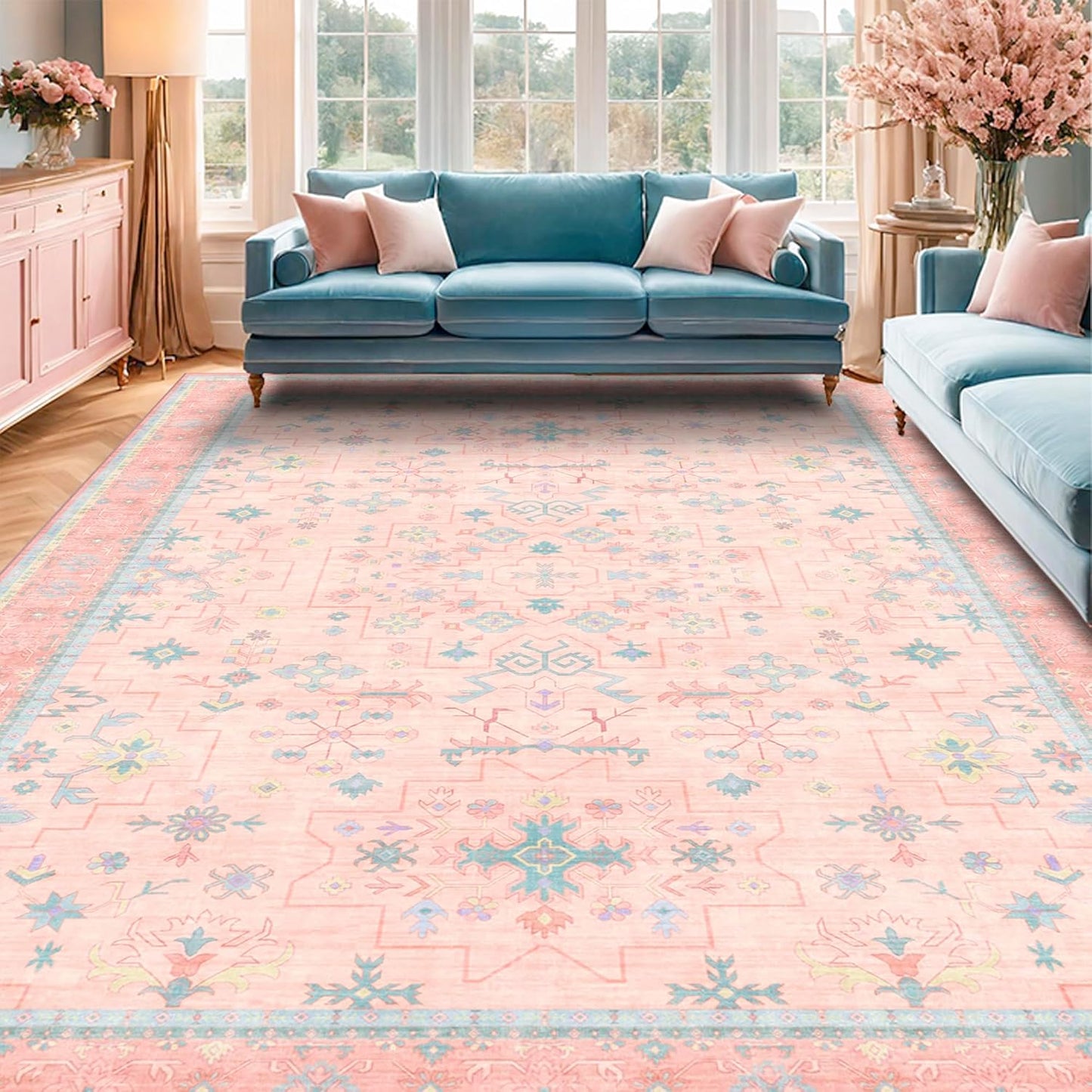 Oushak Rugs | Washable 9x12 Pink and Blue Area Rug - Modern Floral Design, Soft Faux Wool, Non-Slip