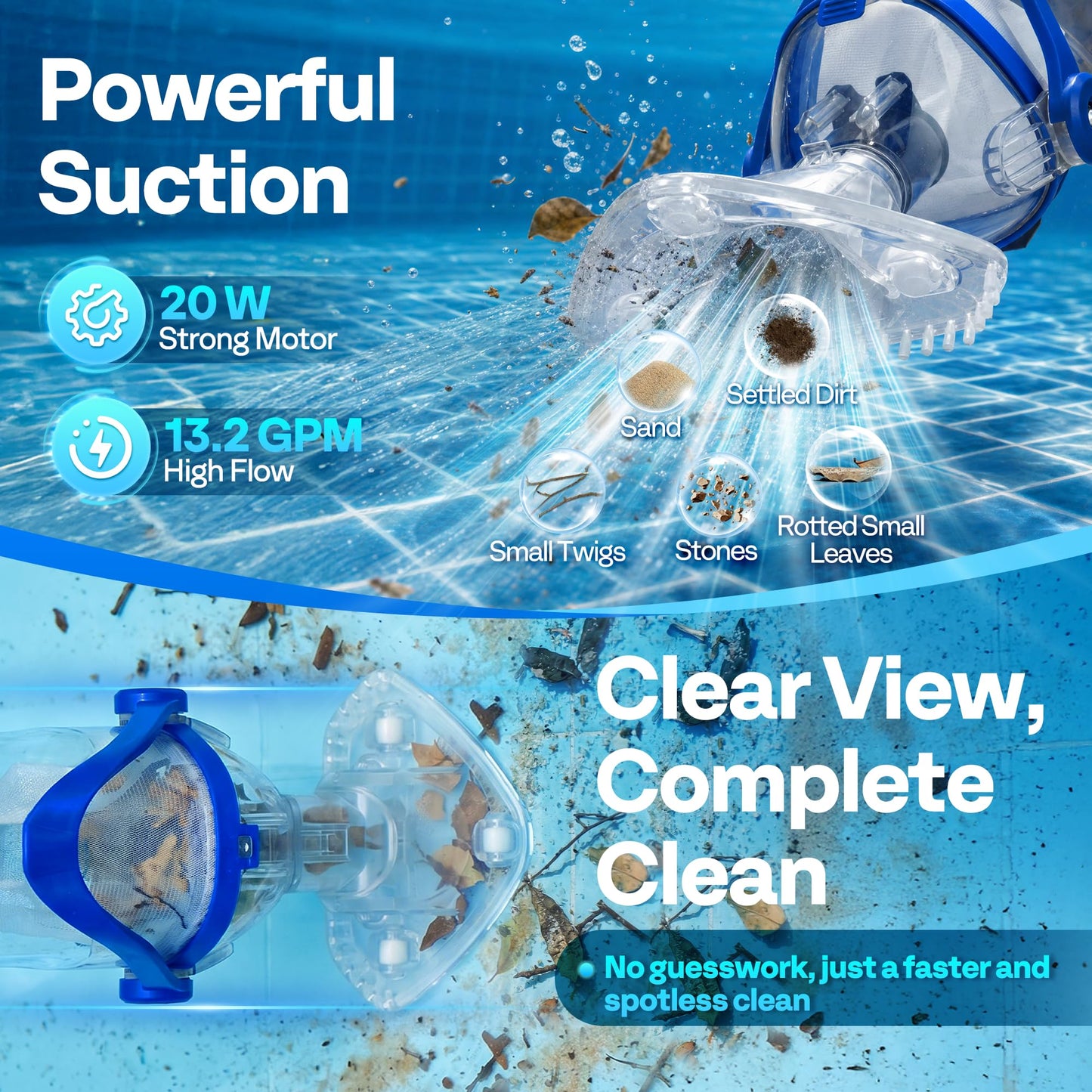 VIVOHOME Handheld Pool Vacuum 13.2 GPM Suction Cordless Pool Cleaner 20W Powerful Motor Long-Run 60min Battery, Adjustable Pole for Above Ground & In-Ground Pools, Spas - Blue