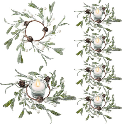 Skiennix Christmas Pillar Candle Rings - 6 Pieces Frosted Mistletoe Wreaths with Pearl Accents for Holiday Decor