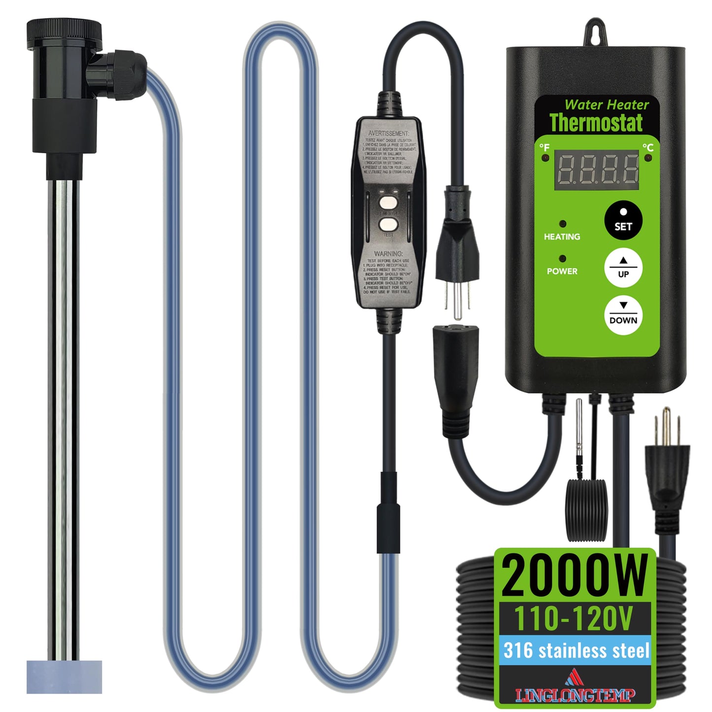 LINGLONGTEMP 2000W Submersible Hot Tub & Pool Portable Electric immersion Water Heater with Temp Control, GFCI for Swimming Pool, Pond, Bathtub, inflatable pool, Baptismal, above ground pool & Spa tub