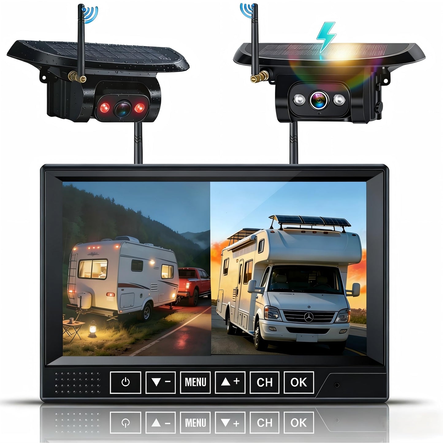 HD 1080P Dual Wireless Backup Camera: 1-Second Magnetic Easy Install RV Backup Camera with 7-inch Split-Screen DVR Monitor - 15200mAh Solar Battery, Up to 3-Day Trip for RV Camping & Travel Trailers