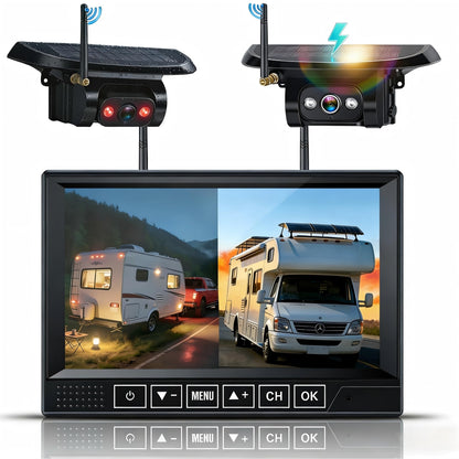 HD 1080P Dual Wireless Backup Camera: 1-Second Magnetic Easy Install RV Backup Camera with 7-inch Split-Screen DVR Monitor - 15200mAh Solar Battery, Up to 3-Day Trip for RV Camping & Travel Trailers