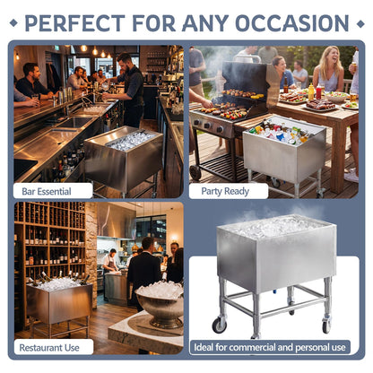 BreezeHug 18.5 x 24 x 30 Inches Commercial Ice Bin with Wheels, Underbar Stainless Steel Ice Chest with Sliding Lid, Cooler Cart Cocktail Unit for Bar Restaurant Pub and Hotels