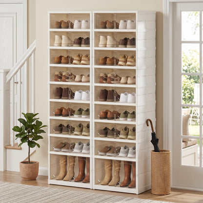 Tykacna Foldable Shoe Rack Organizer with Magnetic Clear Doors, 9 Tier Collapsible Shoe Storage Cabinet, Large Plastic Portable Shoe Box with Wheels for Closet, Entryway, Bedroom, Fits 18 Pairs