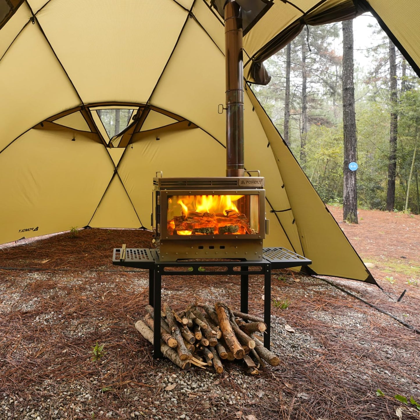 POMOLY Camping Tent Stove Wood Stove, Dweller Ultra 4 Stainless Steel Wood Burning Stove and Stove Frame Base for Cooking, Heating (with 4 Glasses)