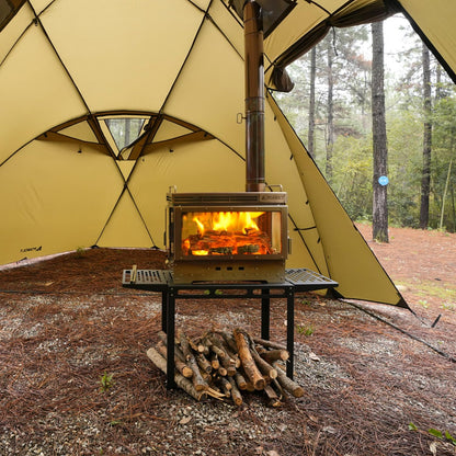 POMOLY Camping Tent Stove Wood Stove, Dweller Ultra 4 Stainless Steel Wood Burning Stove and Stove Frame Base for Cooking, Heating (with 4 Glasses)