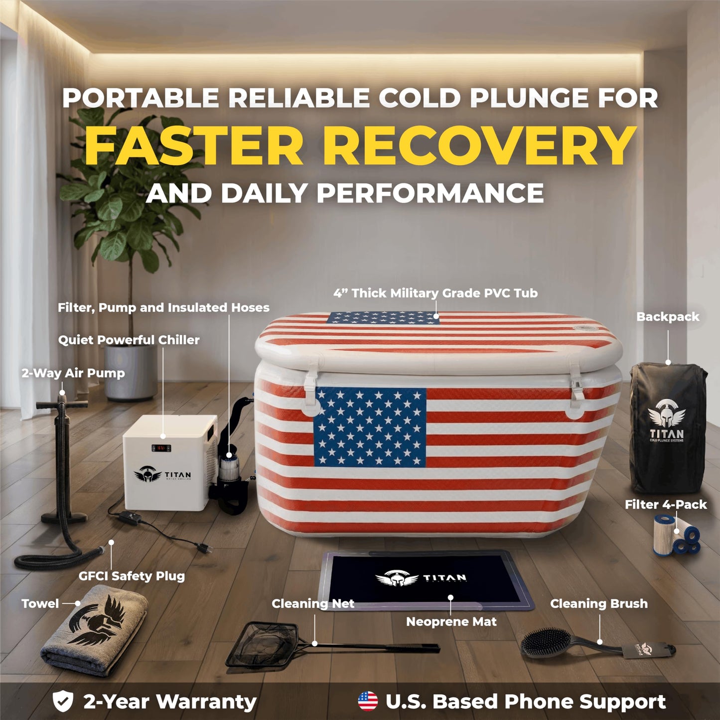 Ice Bath Pro Cold Plunge Tub and 1/3 HP 825W Chiller with Wi-Fi Control, UV Sanitation, 2-Year Warranty, U.S.-Based Support, Portable Ice Bath with Angled Backrest, Pump & Filter-Cools to 37°F-US Flag