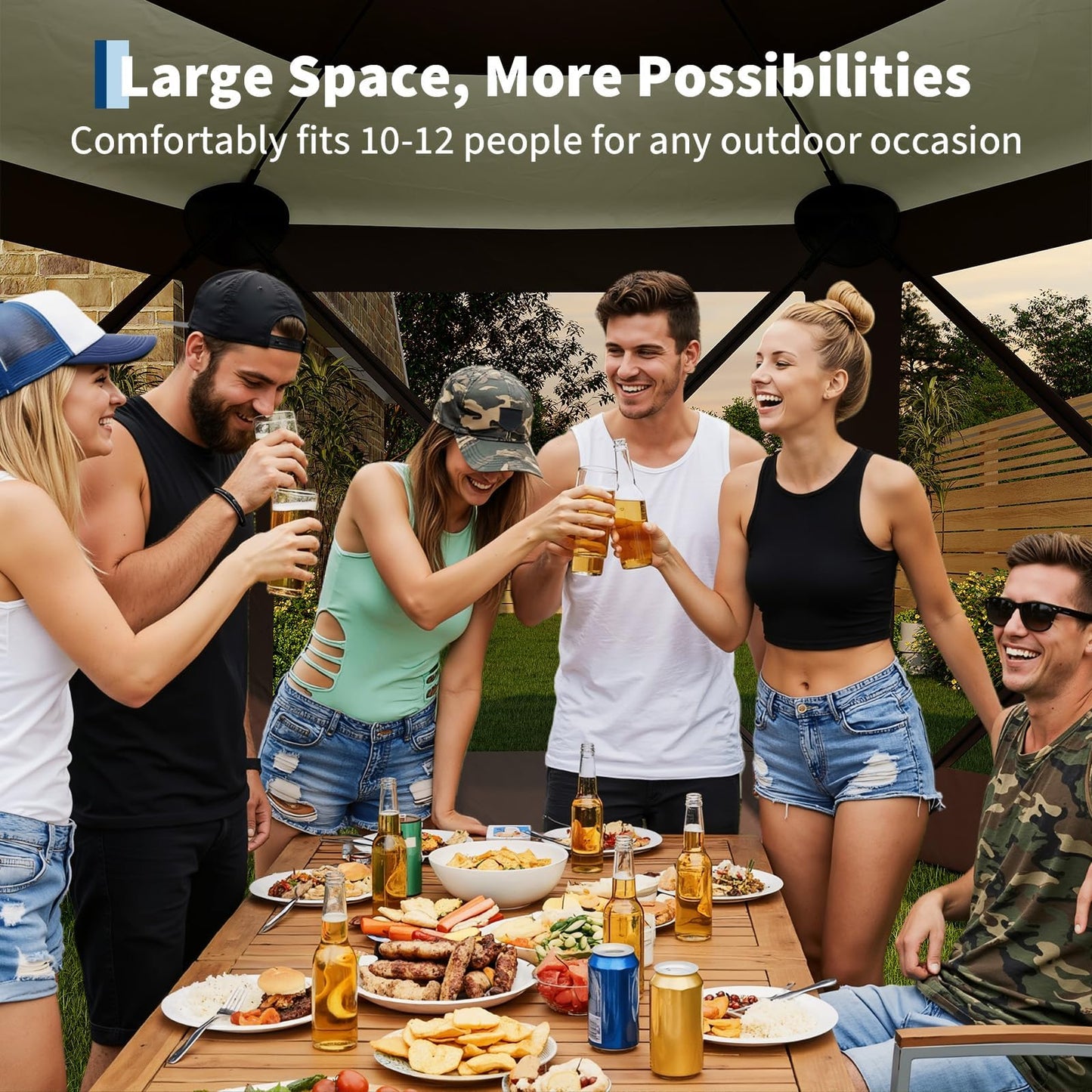 GarveeLife 11.5x11.5FT 6-Sided Pop Up Gazebo Tent，One-Push Setup Canopy Tent with Mesh Panels & Removable Wind Cloths, Outdoor shelter for Camping, Backyard Parties, Outdoor Events - Beige & Khaki
