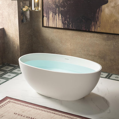 WOODBRIDGE 55 Stone Resin Freestanding Soaking Tub, Modern Oval Solid Surface Bathtub with Integrated Slotted Overflow & Drain, Matte White, B0043