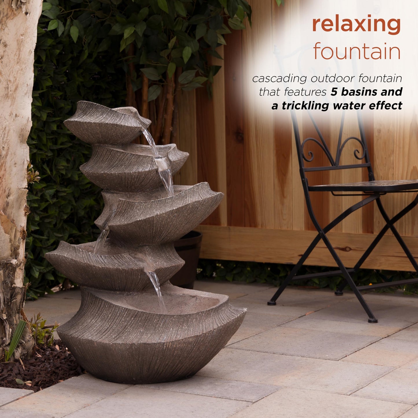 Alpine Corporation WIN1332L-BR Outdoor Floor Tiered Basin Fountain with LED Lights, Modern Basin Garden Fountain 31", Brown