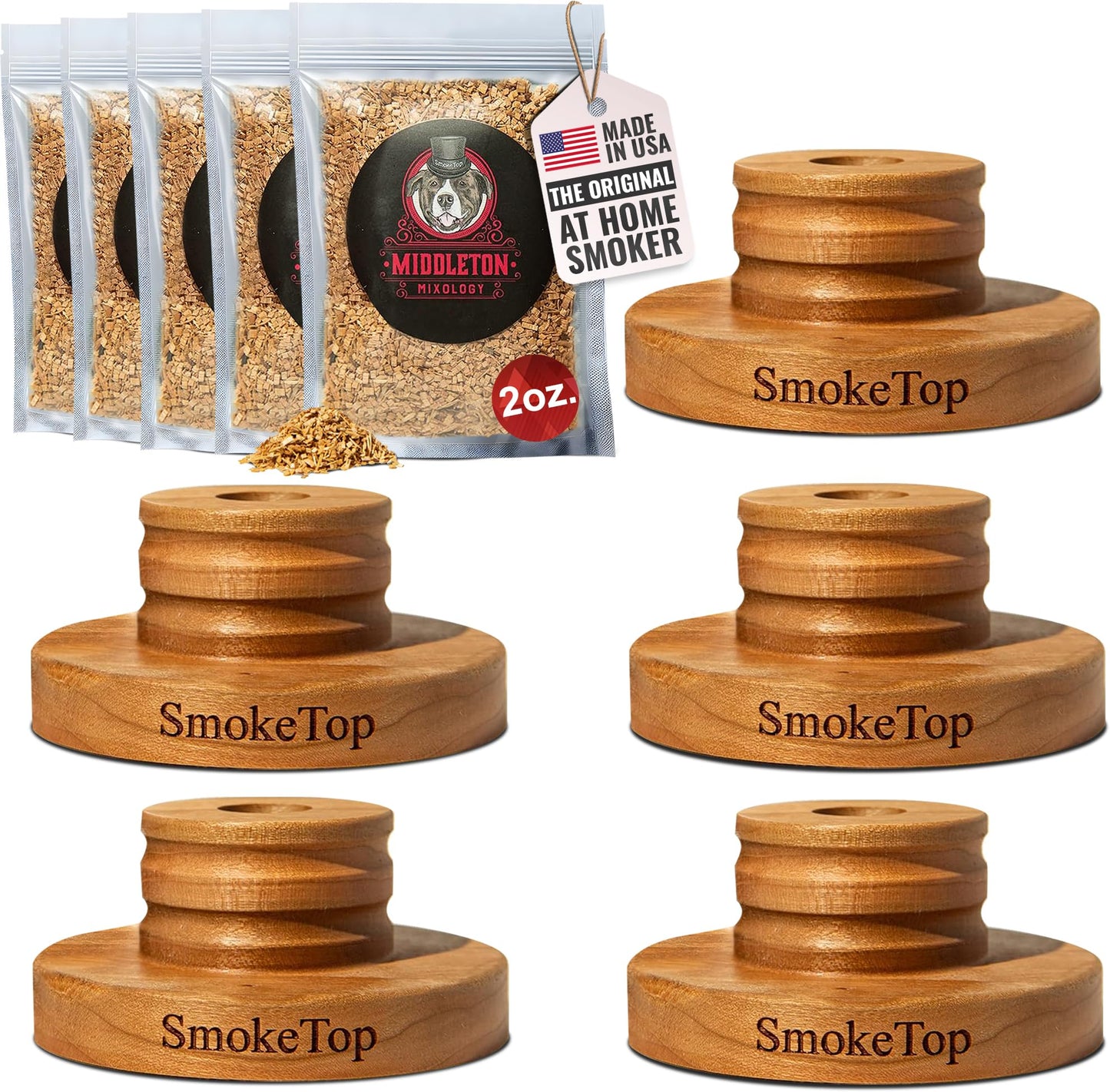 SmokeTop® 5 Pack Cocktail Smoker Kit - Premium Drink Smoker for Whiskey, Bourbon, Cocktails - Professional Bar Tool for Bartenders & Home Bars, includes 5x2oz Wood Chip Sample - by Middleton Mixology
