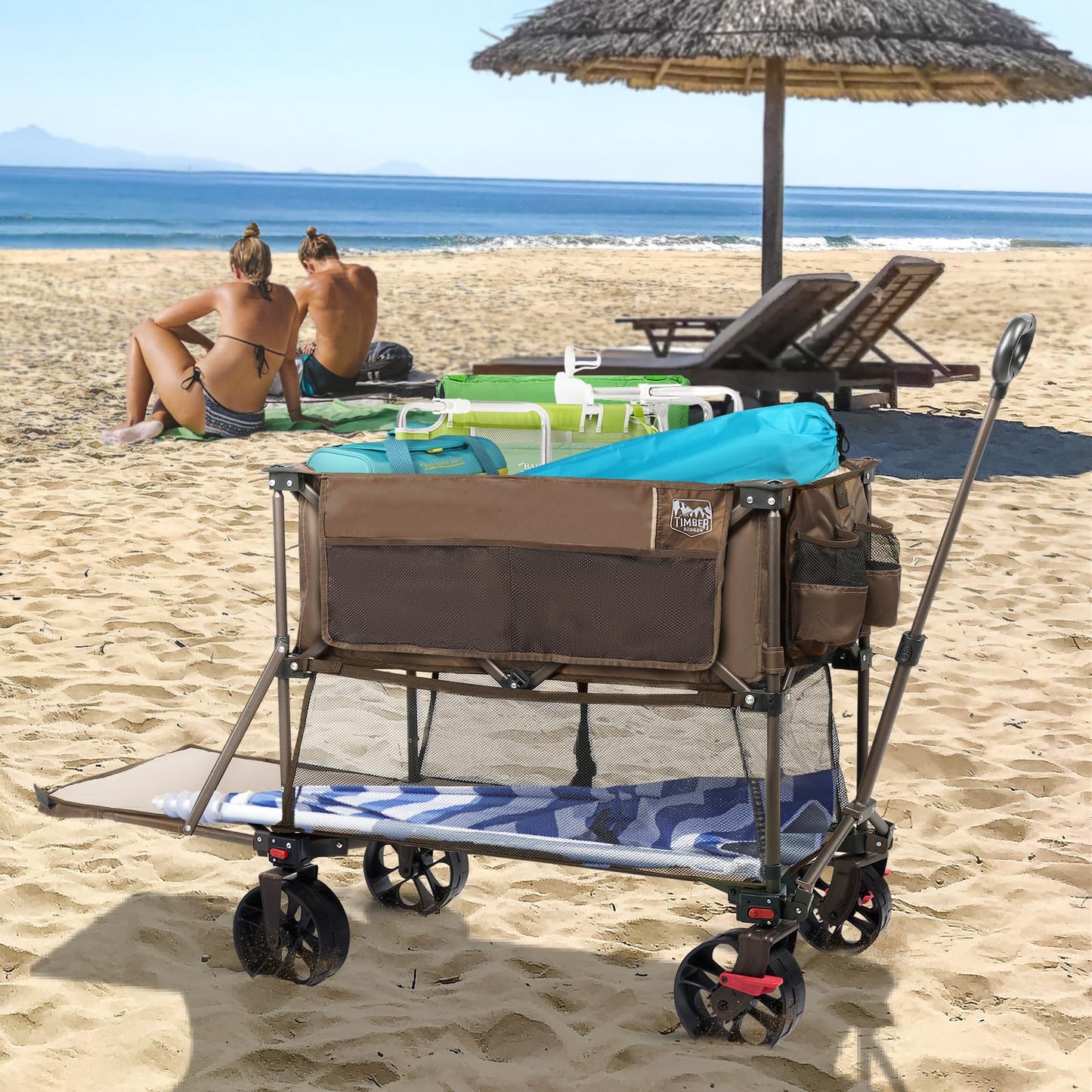 TIMBER RIDGE 400L Large Capacity Folding Double Decker Wagon with Brakes, 54" Extra Long Extender Wagon Cart, 450lbs Heavy Duty Collapsible Cart, All-Terrain Big Wheels for Camping, Sports, Shopping