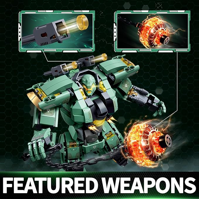Green Heavy Mecha Building Set 542 Pieces Armored Robot Action Figure with Meteor Hammer Weapon Articulated Military Warrior Model Kit Sci-Fi Collectible Gift for Adults Teens