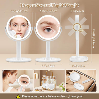 Makeup Mirror with Lights, Double Sided 1x/20x Magnifying Mirror with Light, Rechargeable 3 Color Lights and Adjustable Brightness, 360° Rotation Detachable Comes with Tweezer(Black)