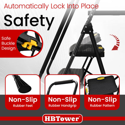 HBTower Step Ladder, 5 Step Ladder for Adults with Wide Anti-Slip Pedal, Step Stool Foldable with Handrails & Tool Tray, 330 Capacity for Home and Kitchen, Black