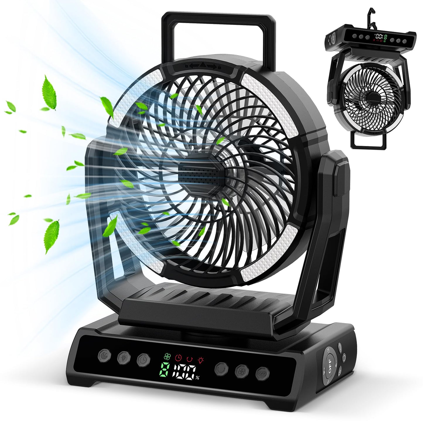 Camping Portable Fan with Light, 40000mAh Rechargeable Cordless Battery Powered Fan, 9 Speed Oscillating Fan with 360° Rotation Hanging Hook for Travel Home Camping Tent Office Beach Desk Fishing