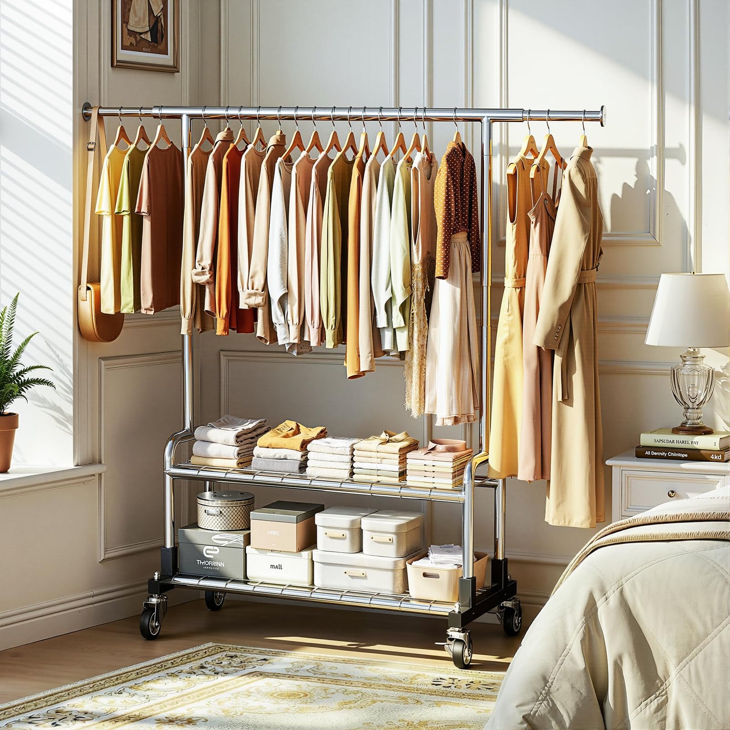 Luxspire Heavy Duty Clothes Rack, Clothing Rack Load 600 LBS, Rolling Clothes Racks for Hanging Clothes with Sturdy Wheels & 2 Tier Shelves, Adjustable Garment Rack for Bedroom, Laundry Room, Silver