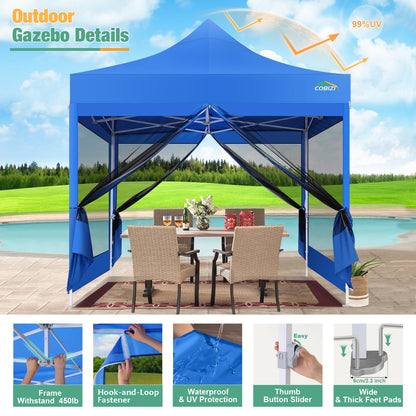 COBIZI Canopy Tent 10x10 Heavy Duty, Pop Up Gazebo with Netting Screened, Waterproof Ez up Canopy with Sidewalls, Outdoor Instant Screen House Tent for Party, Backyard, Wedding, Birthday, Blue