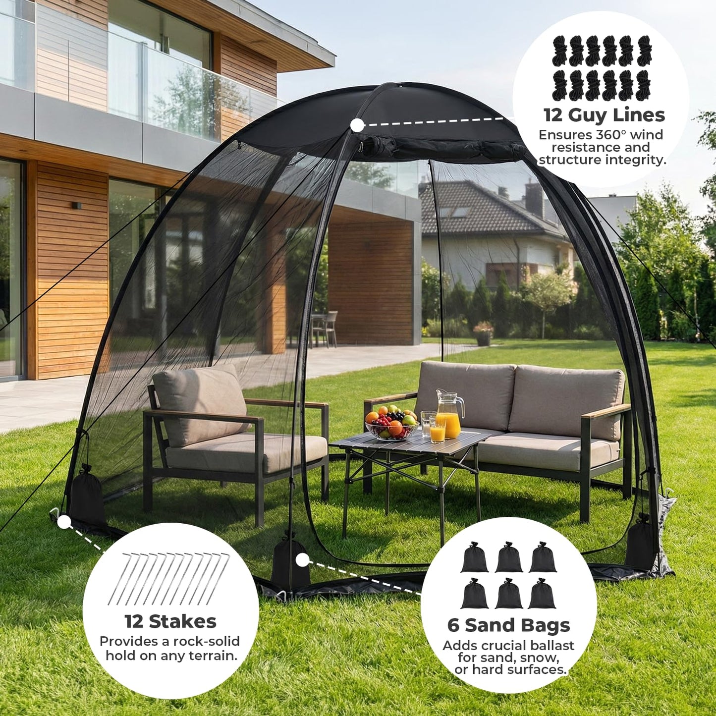 Alvantor® Pop Up Screen House Tent 10x10 FT, Snap-fit Black Mesh Screen Gazebo with Peaked Roof, Portable Screen Room Canopy Shelter with Sandbags for Camping, Backyard, Picnic