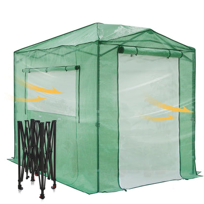EAGLE PEAK 8x6 Portable Walk in Greenhouse, Pop Up Indoor Outdoor Greenhouse, Green House Kit with Zippered Roll-Up Doors and Windows + Mesh Lined Door, PE Cover, Clear/Green
