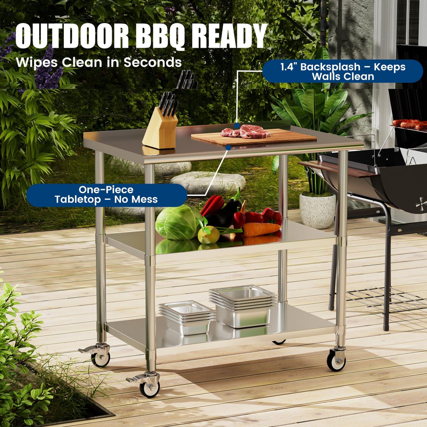 Chingoo Stainless Steel Work Table with Wheels, 24x48 Inch NSF Food Prep Table with Backsplash & 2 Adjustable Undershelves for Commercial Kitchen, Restaurant, Garage