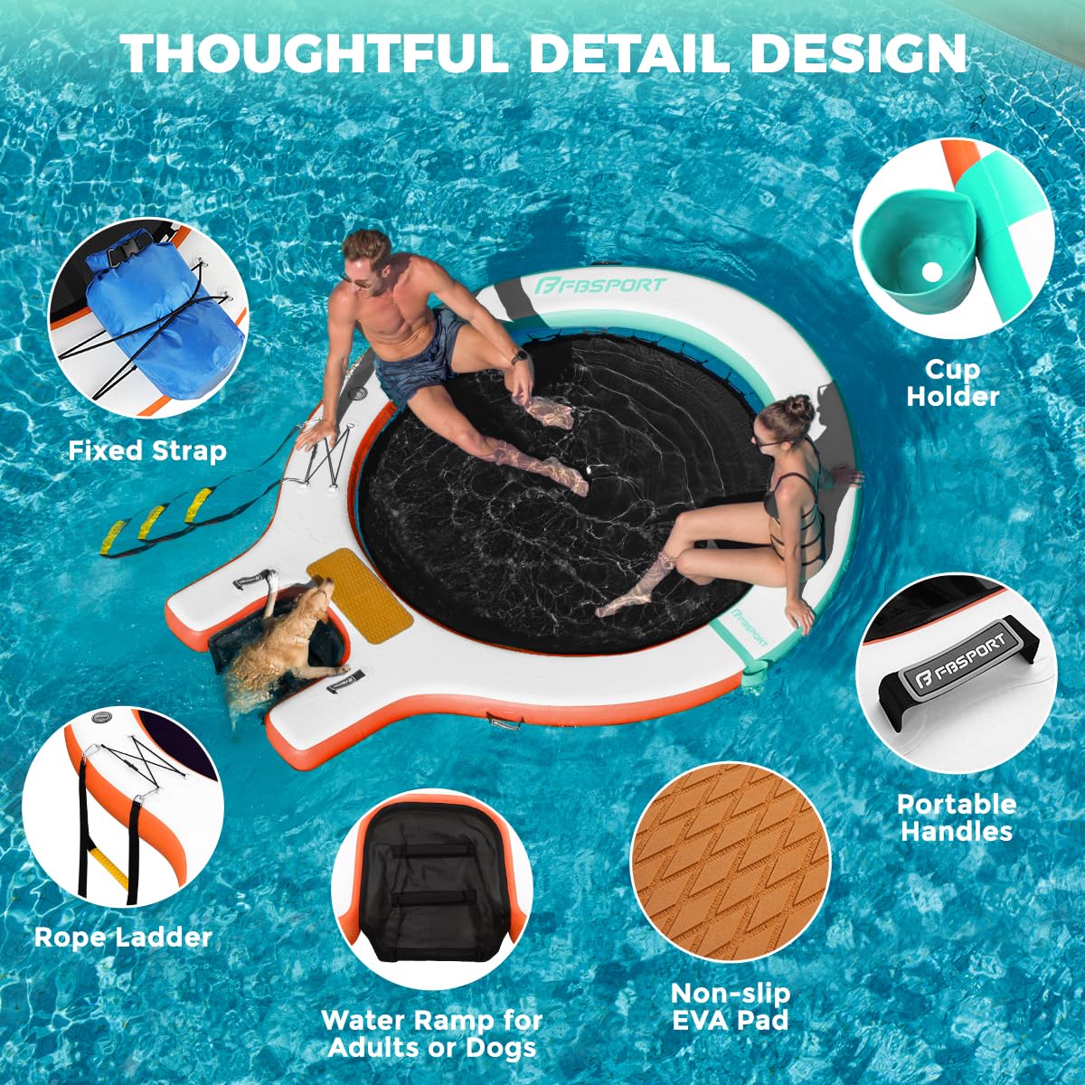FBSPORT Inflatable Water Hammock Floating Dock with Boat Ramp,Round Floating Ring Inflatable Raft with Cup Holders, Sun Float Chill Tanning Pool Lounger Platform for Lake