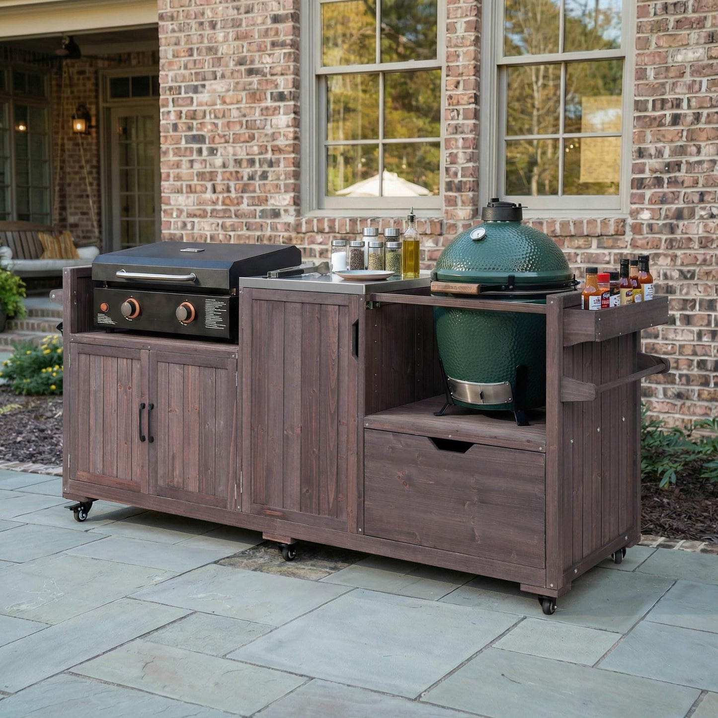 Merax 80.5" Outdoor Kitchen Island for Big Green Egg& Blackstone Griddle,Solid Wood Grill Cart Table with Stainless Steel Top,Drawer for Large Big Green Egg and 21"/28" Blackstone Griddle,Dark Brown