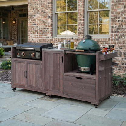 Merax 80.5" Outdoor Kitchen Island for Big Green Egg& Blackstone Griddle,Solid Wood Grill Cart Table with Stainless Steel Top,Drawer for Large Big Green Egg and 21"/28" Blackstone Griddle,Dark Brown