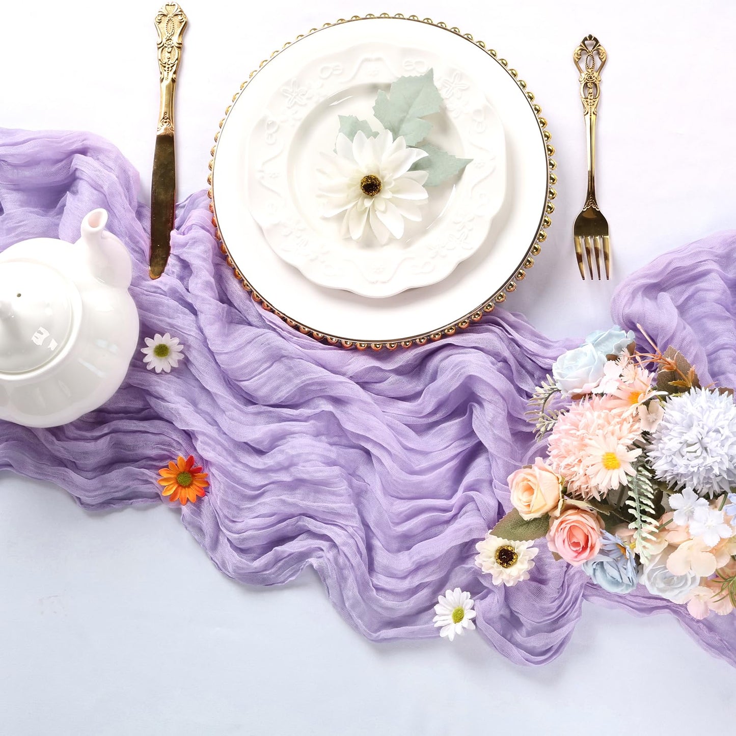 RestfulGlow 6 Pack Lavender Purple Cheesecloth Table Runner 10FT Boho Cheese Cloths Fabric Table Runners 120 Inch Rustic Sheer for Summer Wedding Birthday Party Baby Shower Home Decorations