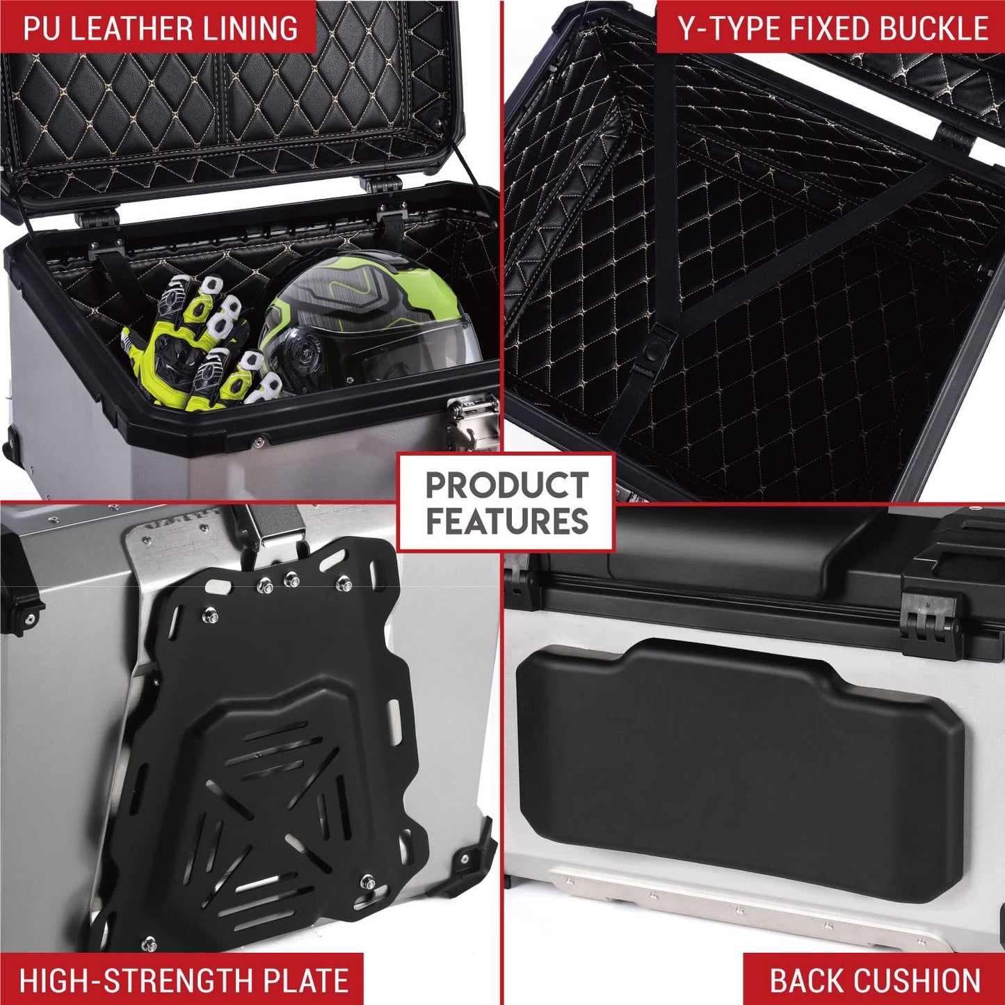 Letusto GRUNT SPORTS 65L Motorcycle Tail Box Top Case - Scooter Universal Storage Trunk – Waterproof Aluminum Luggage Tour Helmet Box with Security Lock - Includes Back Cushion (Silver, 65L)