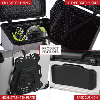 Letusto GRUNT SPORTS 65L Motorcycle Tail Box Top Case - Scooter Universal Storage Trunk – Waterproof Aluminum Luggage Tour Helmet Box with Security Lock - Includes Back Cushion (Silver, 65L)