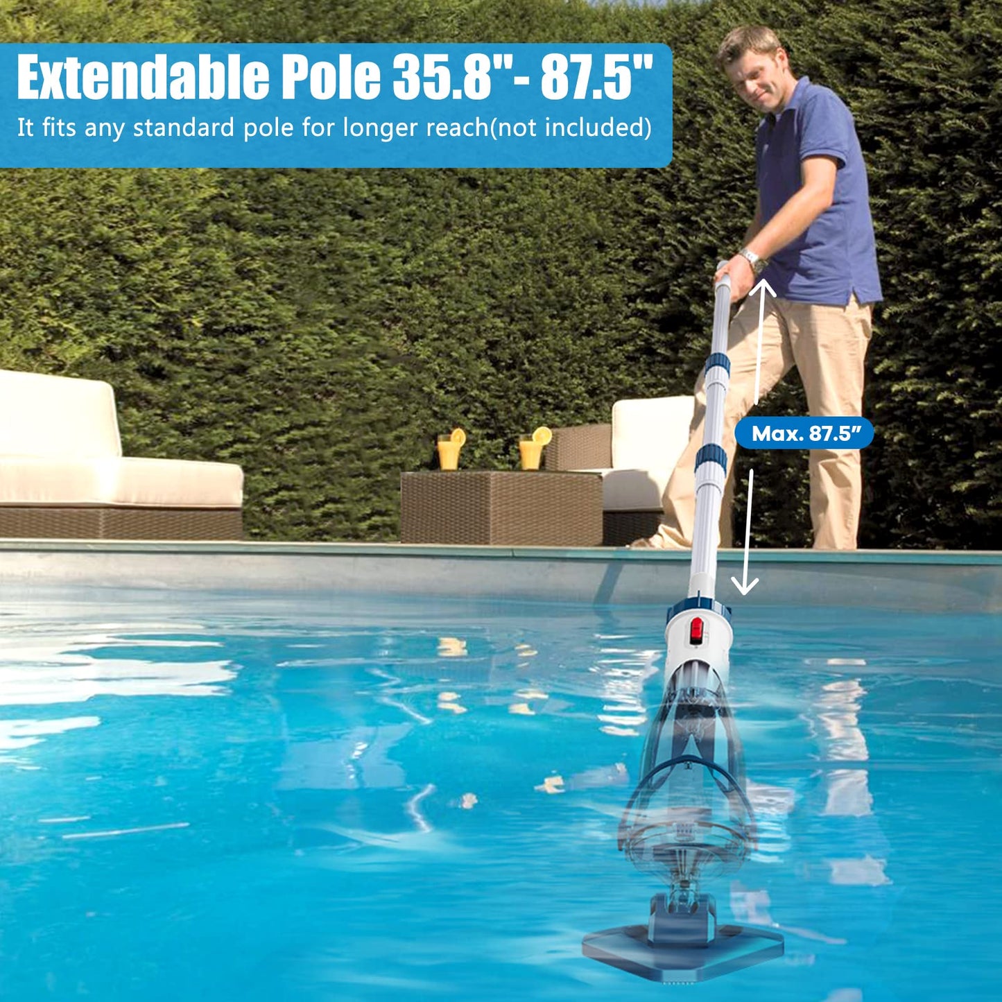 Pool Vacuum for Above Ground Pool with a Telescopic Pole, Running time up to 1H, Handheld Rechargeable Pool Cleaner with Powerful Suction up to 18.5 gallons/min, Ideal for Leaves & Debris, PC10