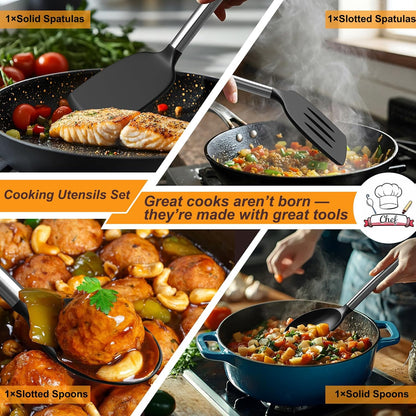 Yoehka Silicone Cooking Utensils Set - 4-Piece Heat Resistant Kitchen Tools for Nonstick Cookware | Black