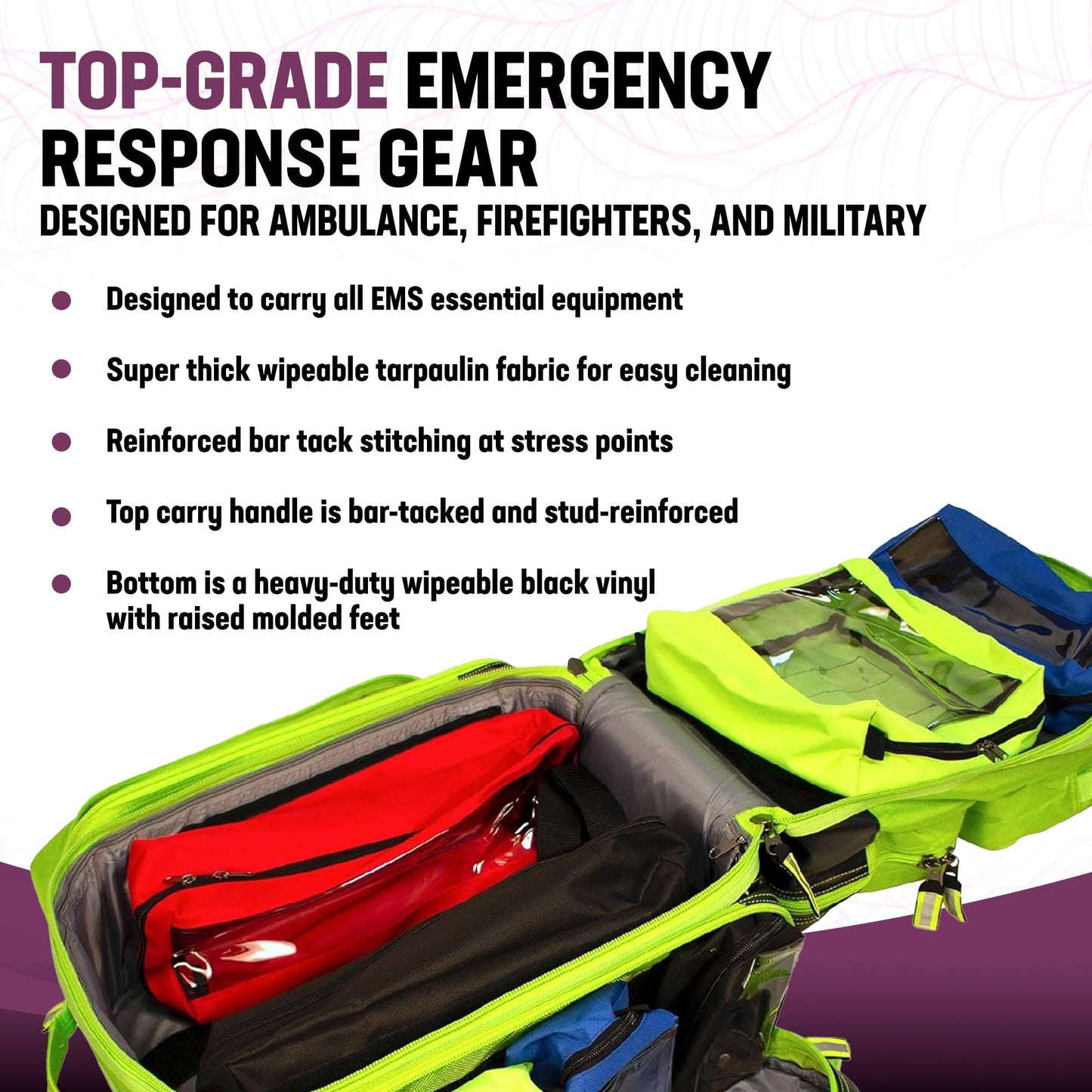 Kemp USA Ultimate EMS Backpack EMT Emergency Medical Bag Fits BLS ALS Gear and D Tank Oxygen Cylinder 1680D Nylon Multiple Grab Points Chest Waist Straps Color Coded Pouches Neon Green