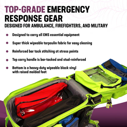 Kemp USA Ultimate EMS Backpack EMT Emergency Medical Bag Fits BLS ALS Gear and D Tank Oxygen Cylinder 1680D Nylon Multiple Grab Points Chest Waist Straps Color Coded Pouches Neon Green