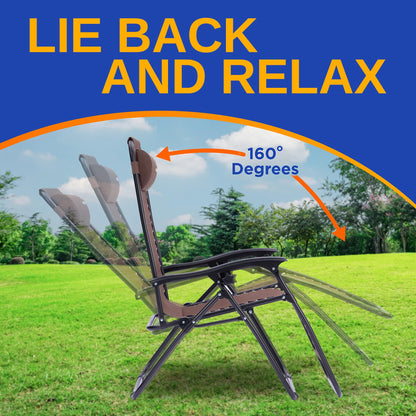 SereneLife Zero Gravity Lounge Chairs Set of 2, Adjustable Outdoor Recliners with Lockable Positions, Side Table Cup Holders, Padded Headrest Pillows, Foldable Steel Frame Patio Chairs (Brown)