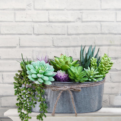 Winlyn 10" Artificial Succulent Arrangement Centerpiece Fake Succulent Plants in Rustic Metal Oval Planter Faux Potted Succulents for Home Office Bedroom Table Windowsill Shelf Mantel Decor