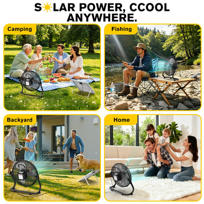 ZMLBTF 14" Solar Powered Fan with 20W Solar Panel & Rechargeable Battery, Portable, Quiet 12 Speed, 360° Tilt Head for Outside, Camping, Travel, Greenhouse, Chicken Coop, Patio, gazebo (Black)