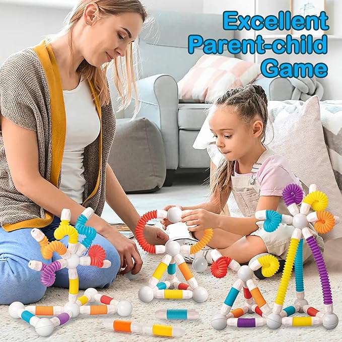 Magnetic Building Blocks Construction Set 66 Pieces Educational STEM Toy with Flexible Tubes and Connectors (66PCS)