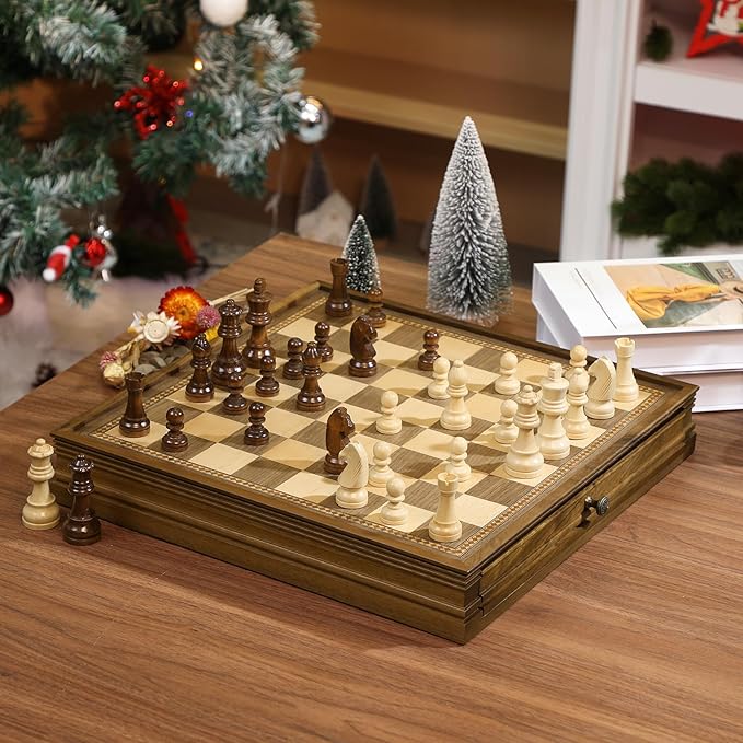 Peradix Magnetic Chess Checkers Board Sets with 2 Built-in Storage Drawers12.8 Classic 2 in 1 Wooden Games with 2 Extra Queens for Kids and AdultsTravel Portable Chess Game Set